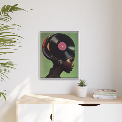 Vinyl Records Black Woman Framed Canvas Wall Art