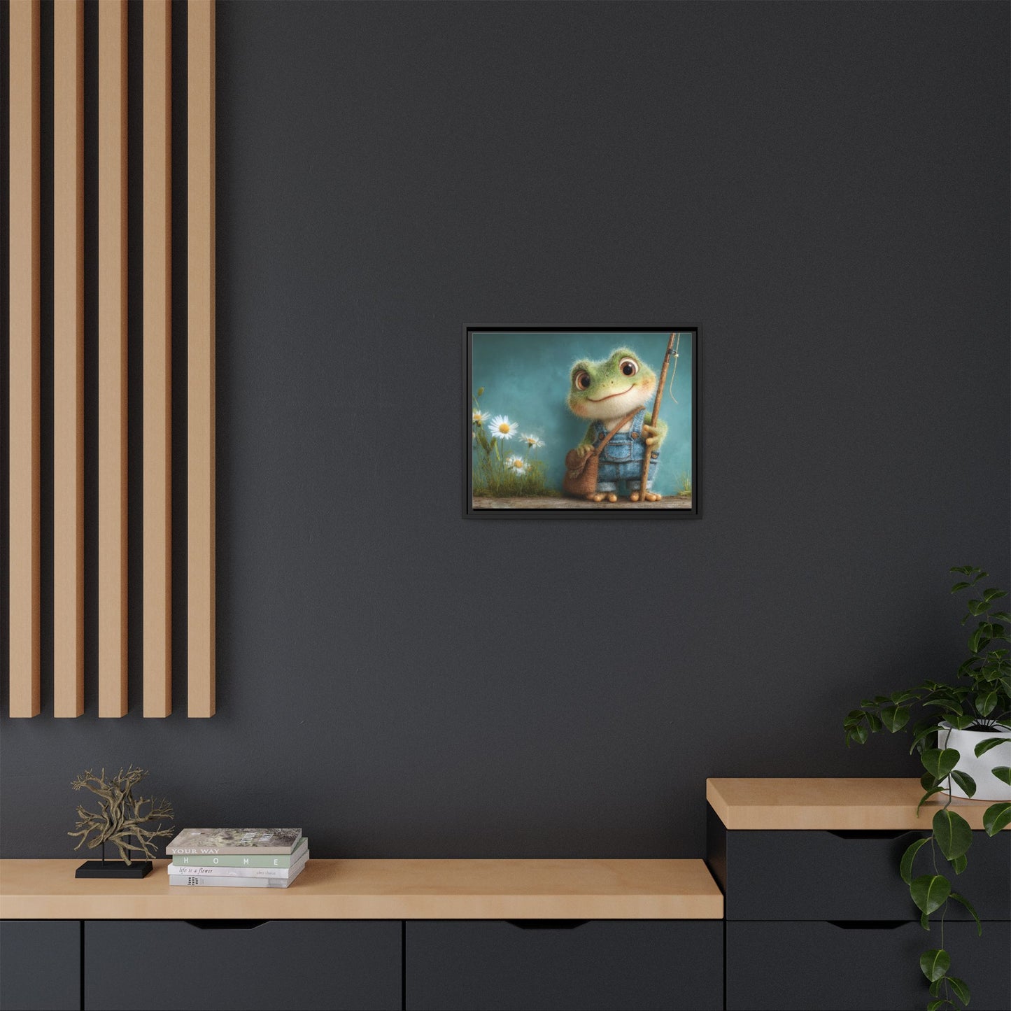 Funny Frog in a Jeans Framed Canvas Wall Art