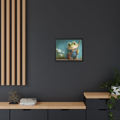 Funny Frog in a Jeans Framed Canvas Wall Art