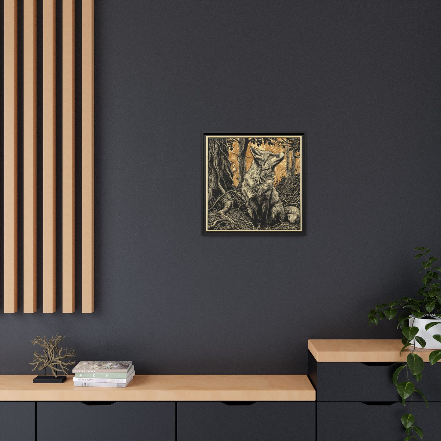 Fox Linoprint Square Framed Canvas Wall Art