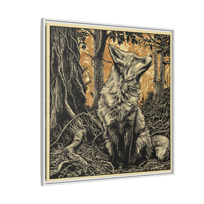Fox Linoprint Square Framed Canvas Wall Art