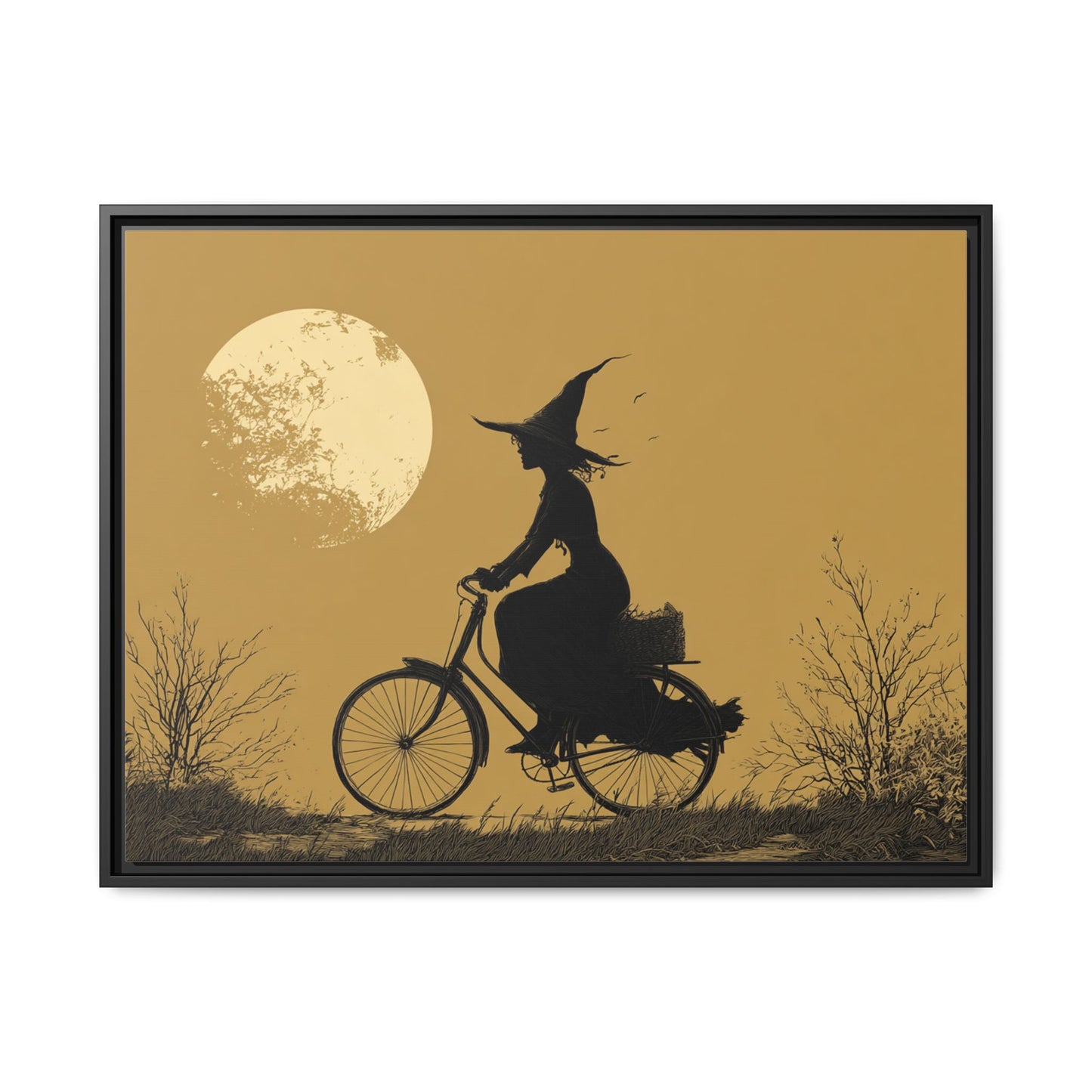 Witch on Bicycle Framed Canvas Wall Art