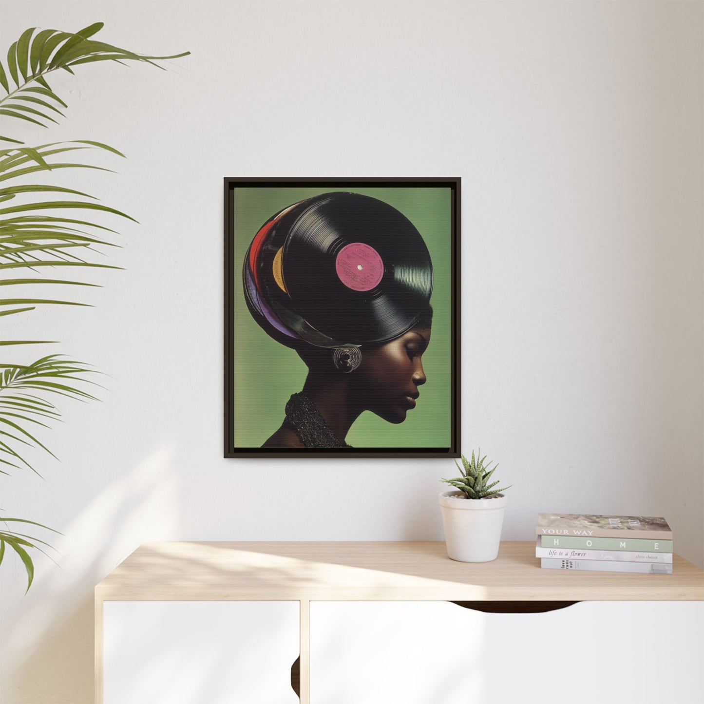 Vinyl Records Black Woman Framed Canvas Wall Art