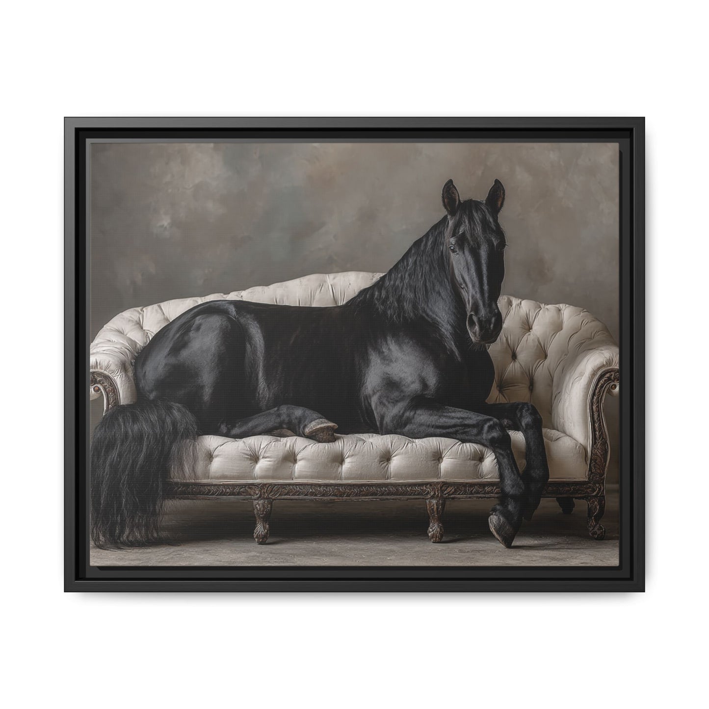 Funny Horse Lounging On Sofa Framed Canvas Wall Art