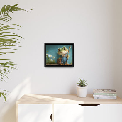 Funny Frog in a Jeans Framed Canvas Wall Art