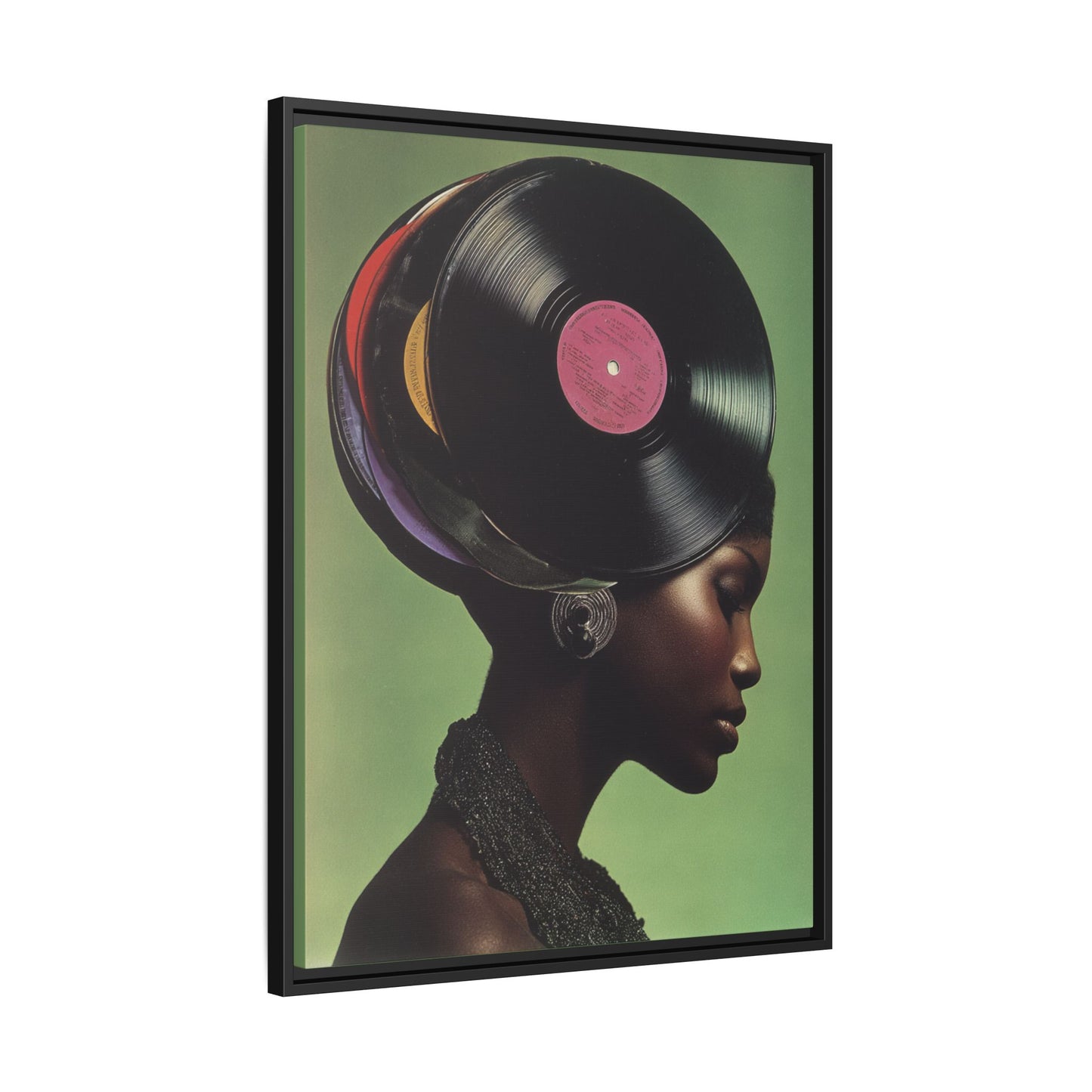 Vinyl Records Black Woman Framed Canvas Wall Art