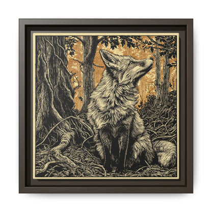 Fox Linoprint Square Framed Canvas Wall Art