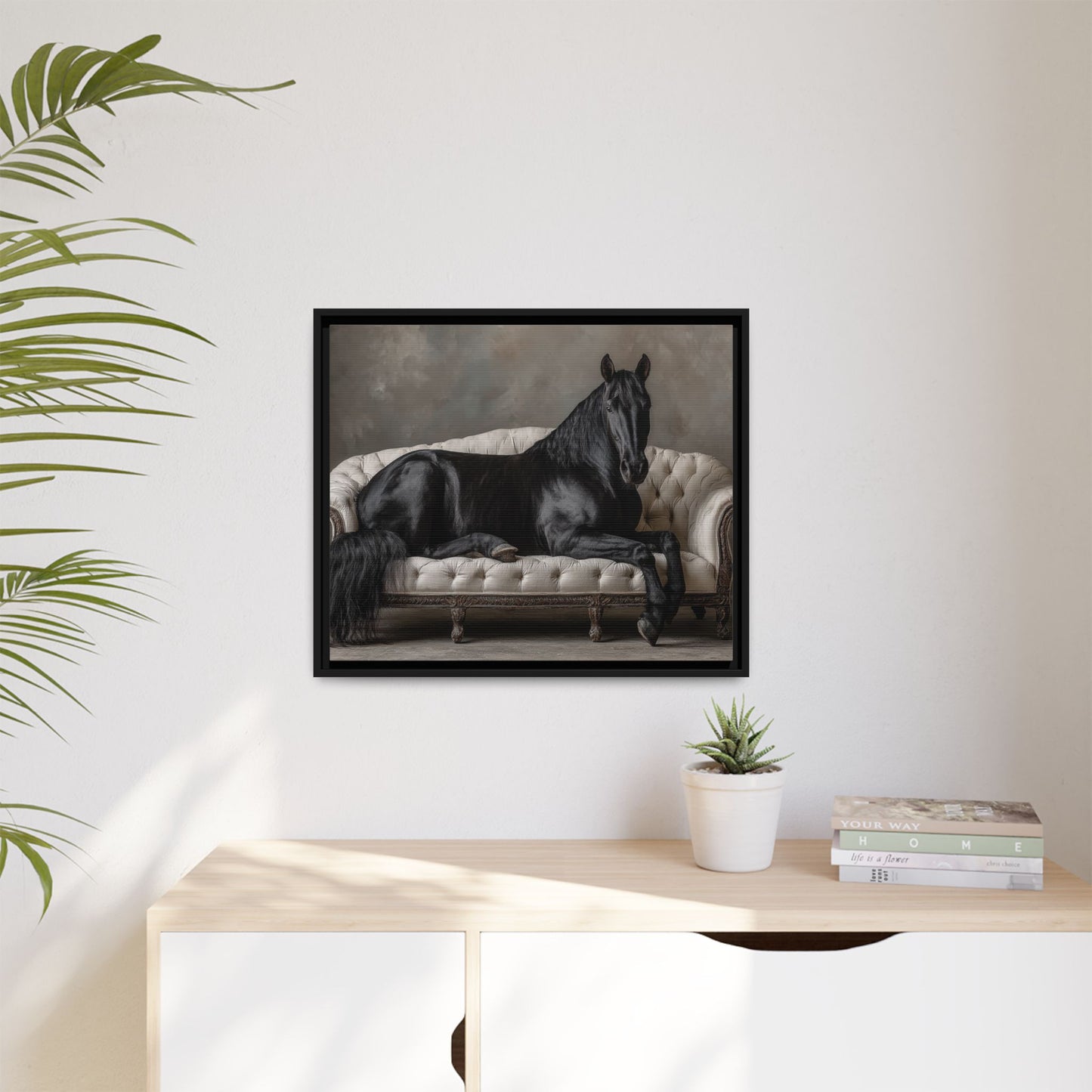 Funny Horse Lounging On Sofa Framed Canvas Wall Art