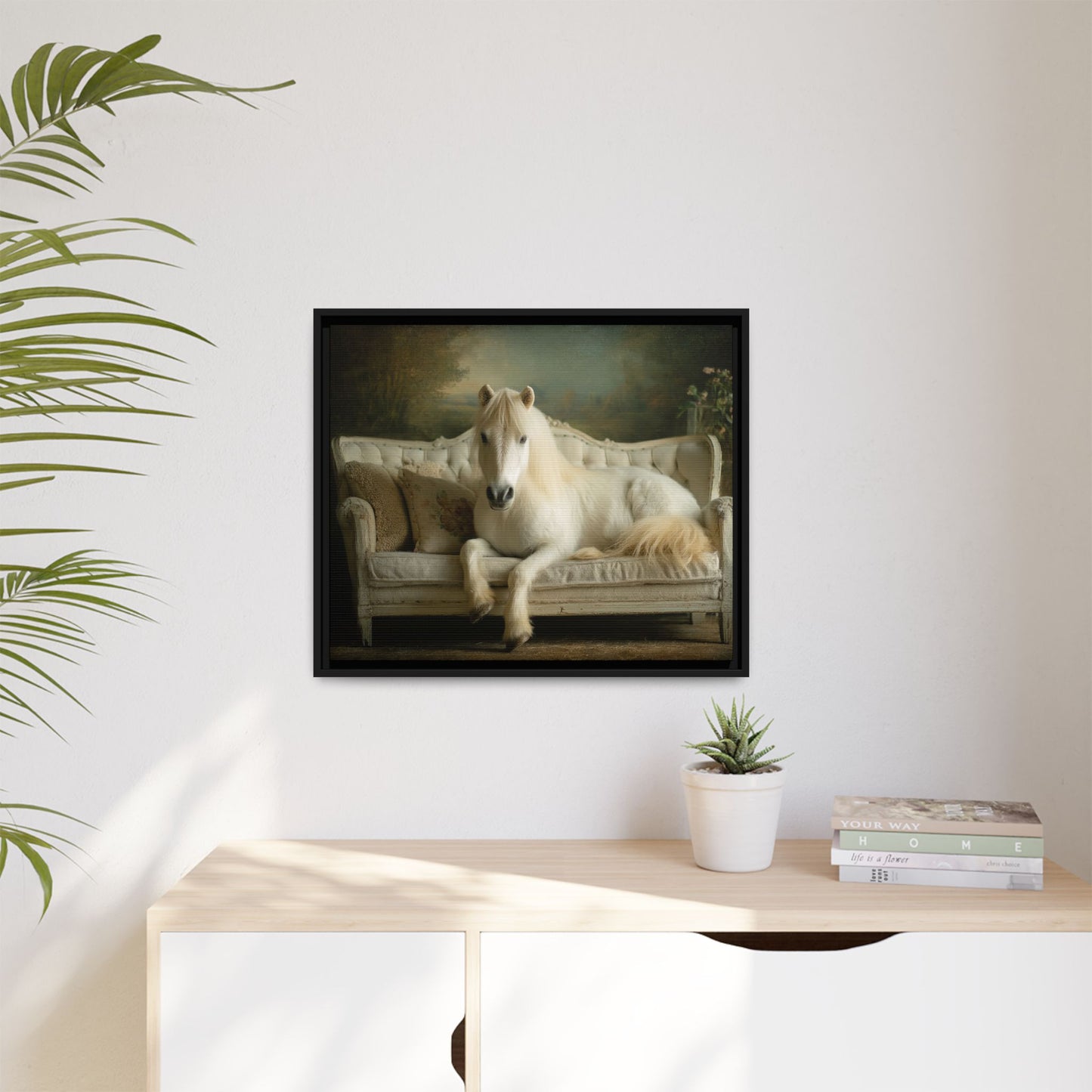 Funny Horse Lounging On Sofa Framed Canvas Wall Art
