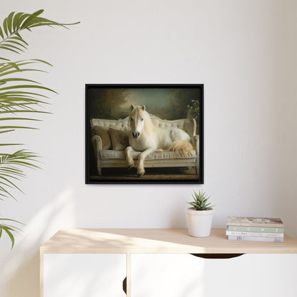 Funny Horse Lounging On Sofa Framed Canvas Wall Art