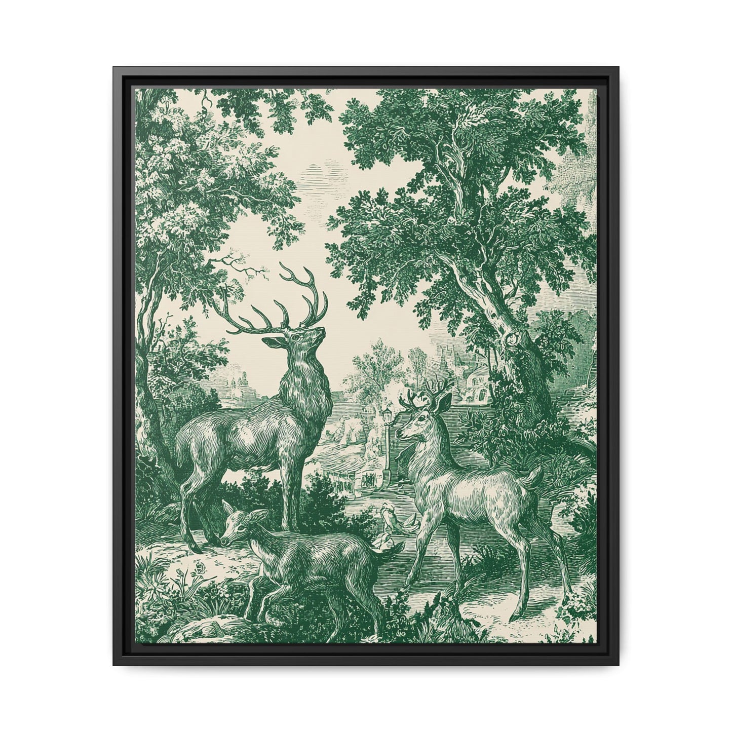 Deer Wildlife Green Toile de Jouy Framed Canvas Wall Art