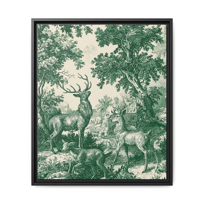 Deer Wildlife Green Toile de Jouy Framed Canvas Wall Art