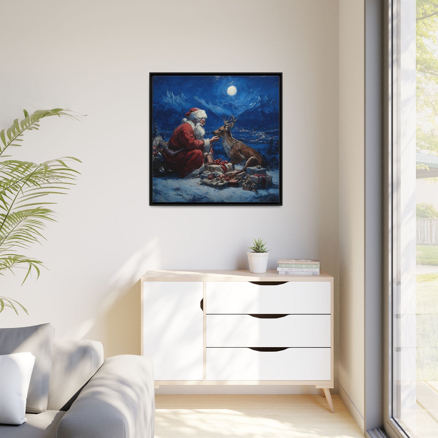 Dramatic Santa Claus Reindeer Christmas Framed Canvas Wall Art