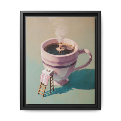 Funny Coffee Lover framed canvas wall art depicting a person relaxing in a steaming coffee cup with ladder and towel, perfect kitchen home decor.
