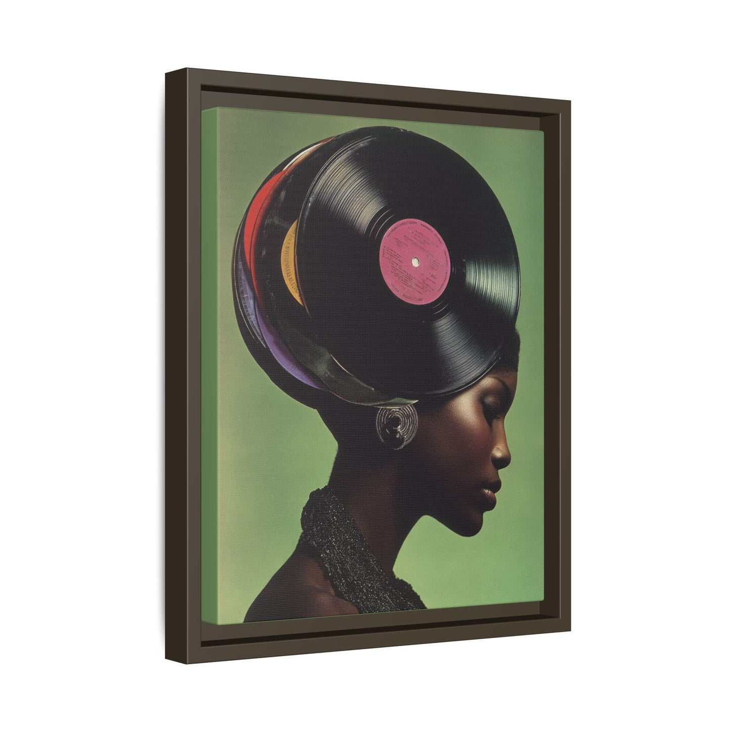 Vinyl Records Black Woman Framed Canvas Wall Art