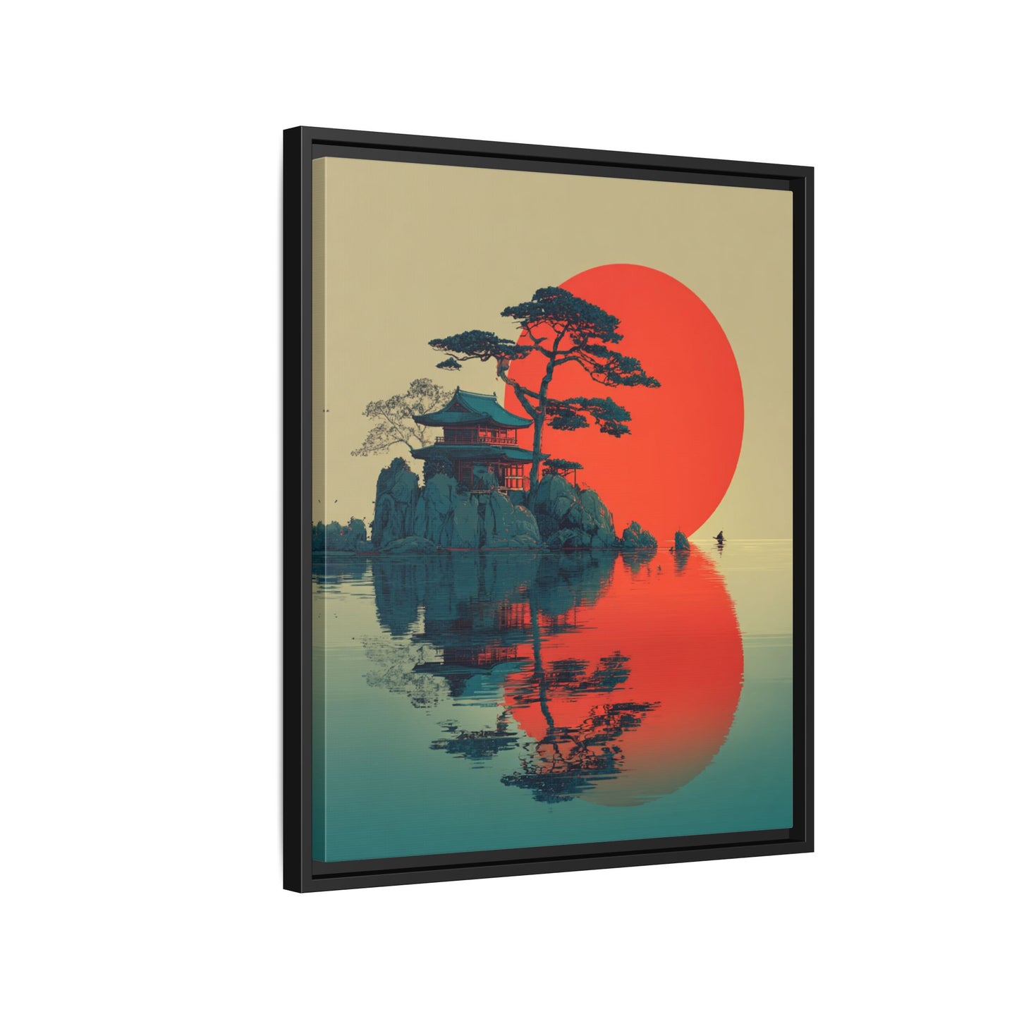 Red Moon Coastal Japandi Art Framed Canvas Wall Art