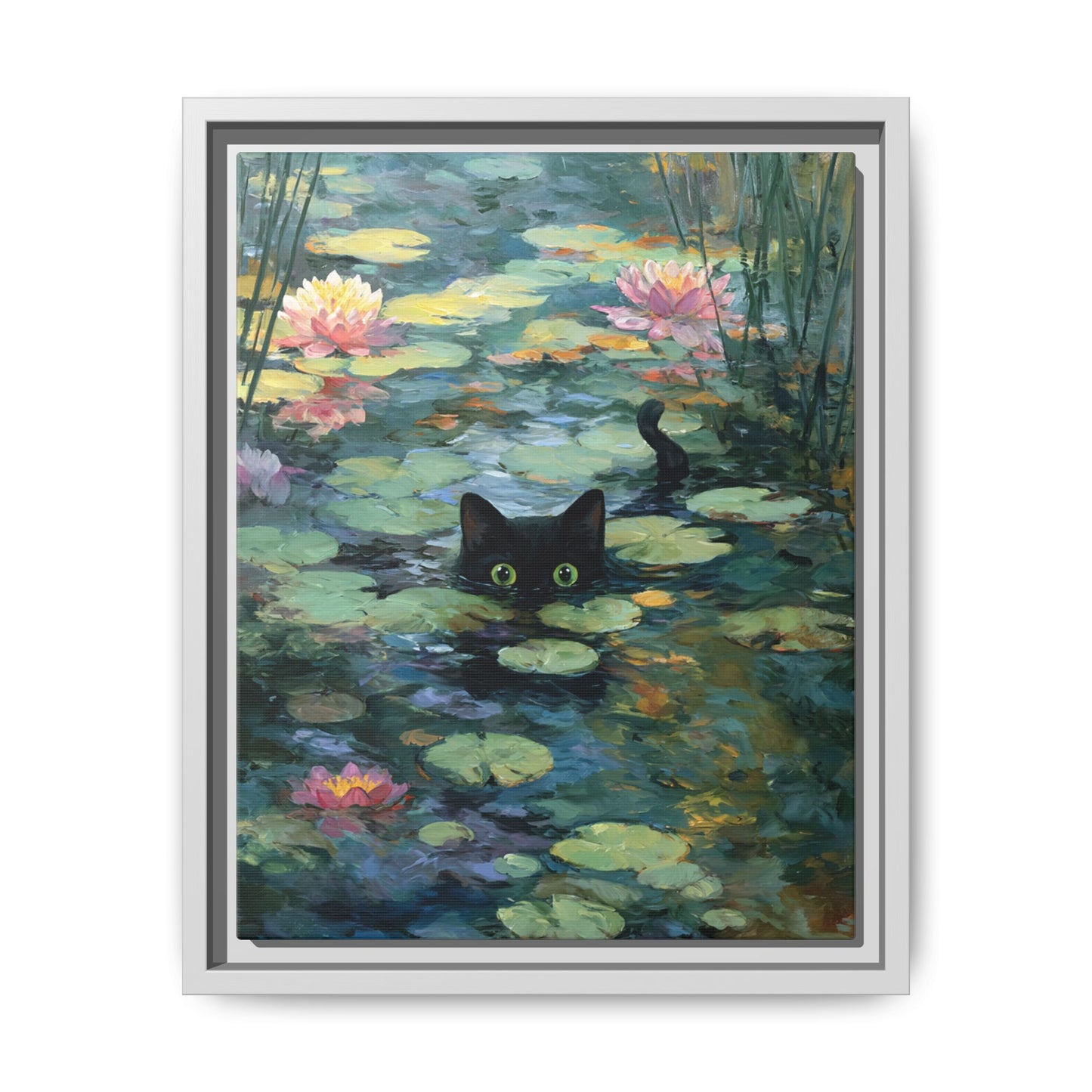 Monet Cat on Lake Framed Canvas Wall Art