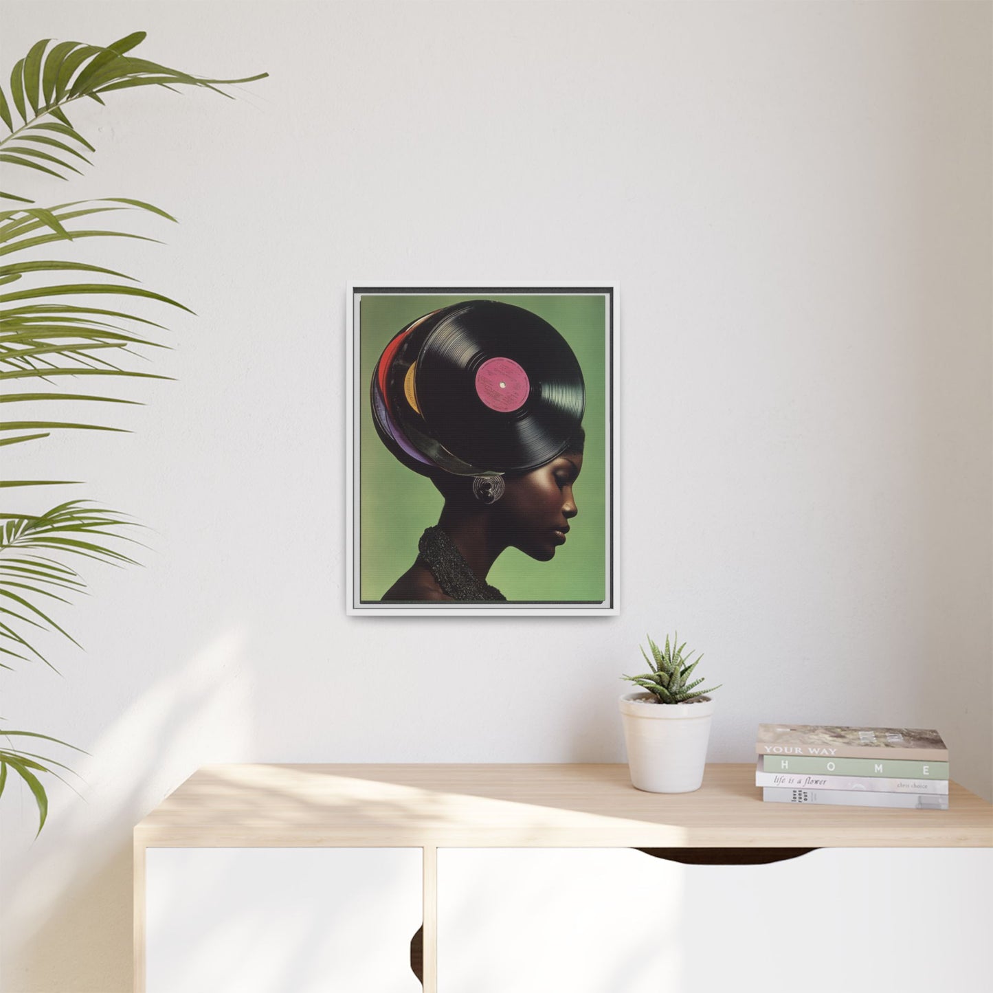 Vinyl Records Black Woman Framed Canvas Wall Art