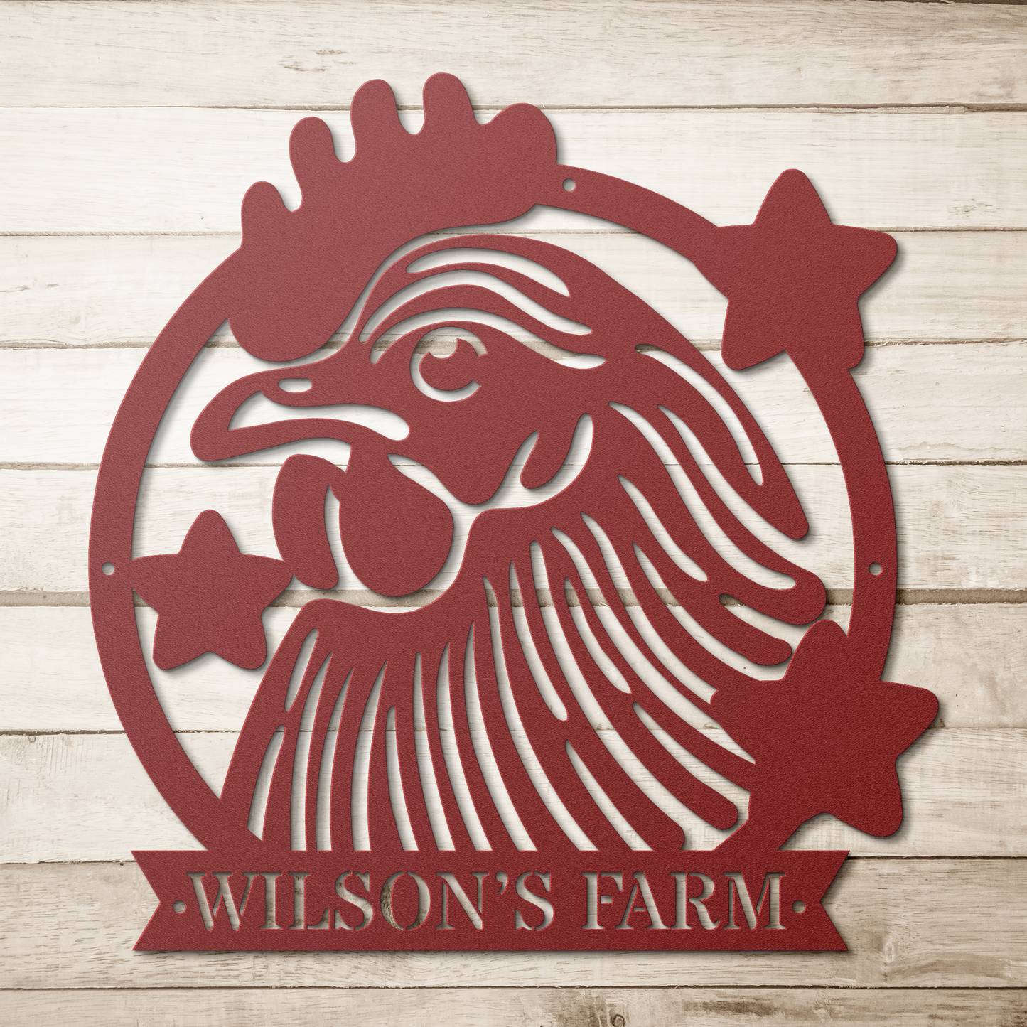 Personalized red Custom Rooster Metal Wall Art farmhouse sign with stars and family name on wood background
