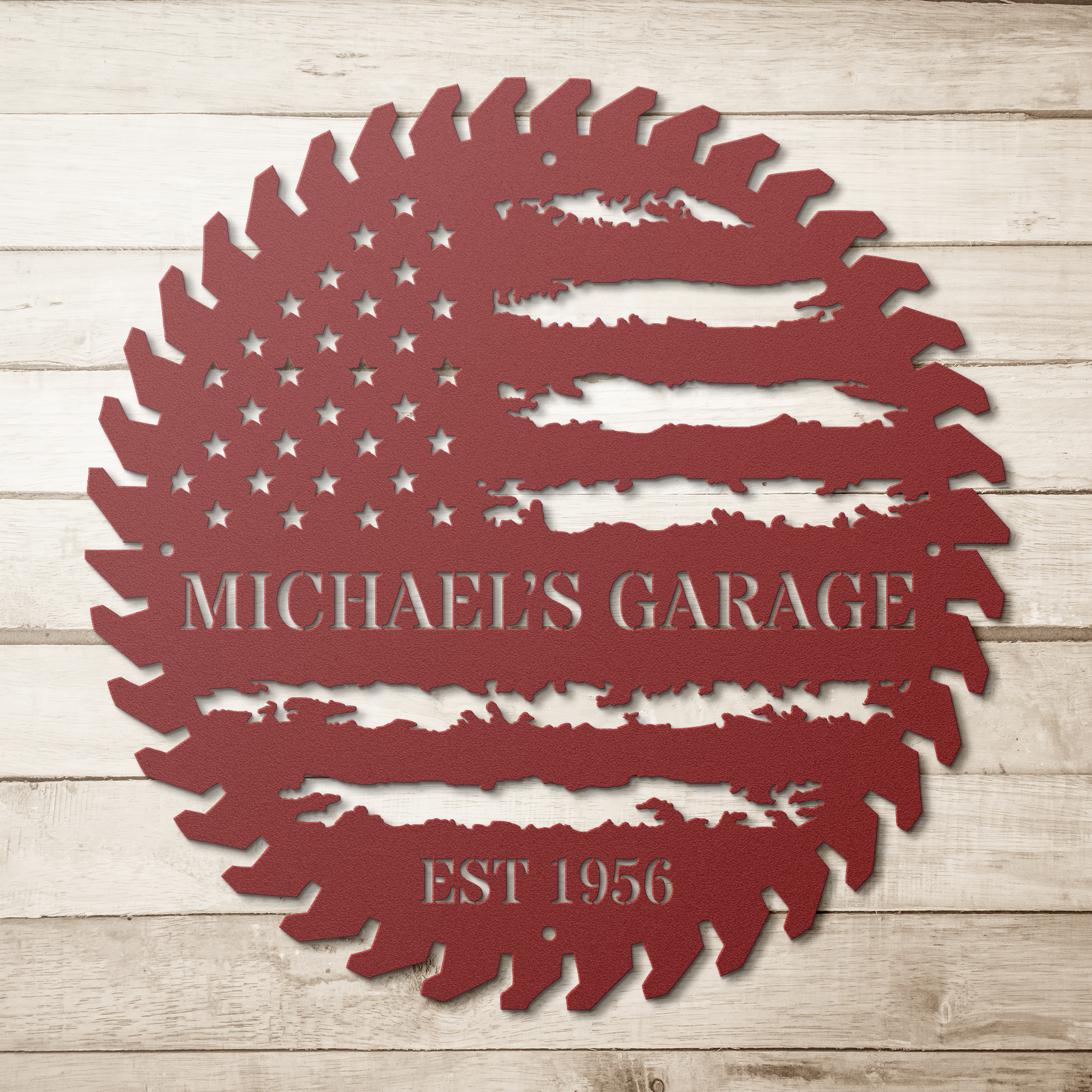 Personalized American Flag round steel garage sign with custom text Michael's Garage and EST 1956 in distressed red finish