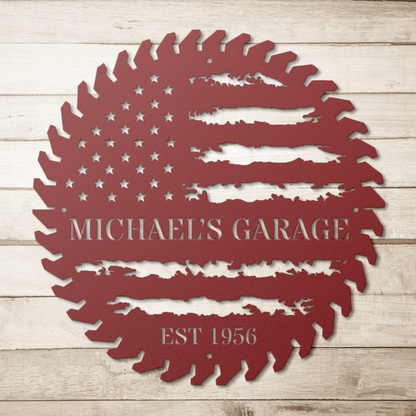 Personalized American Flag round steel garage sign with custom text Michael's Garage and EST 1956 in distressed red finish