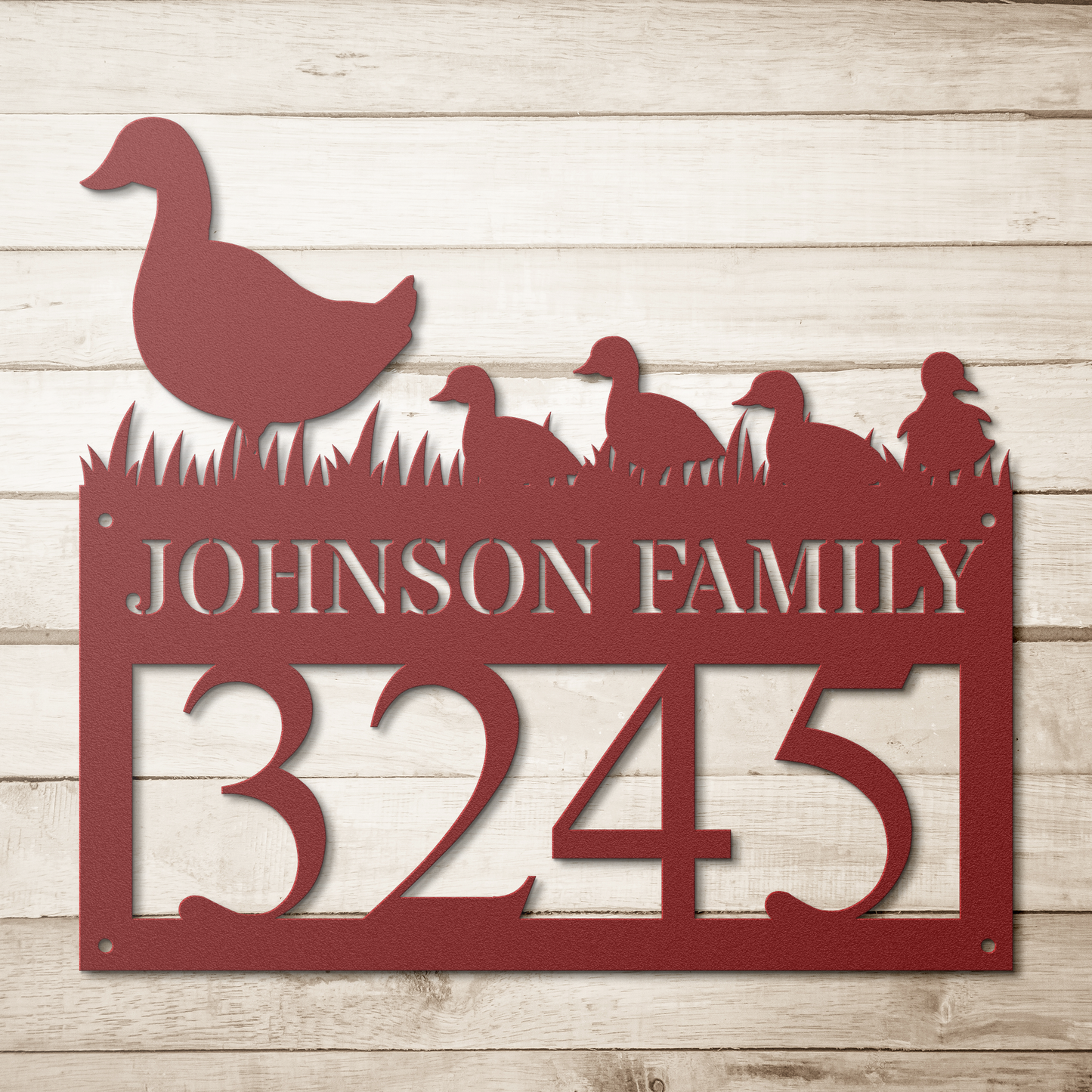 Custom metal house number sign with farmhouse duck family design in red, personalized with Johnson Family and address 32451