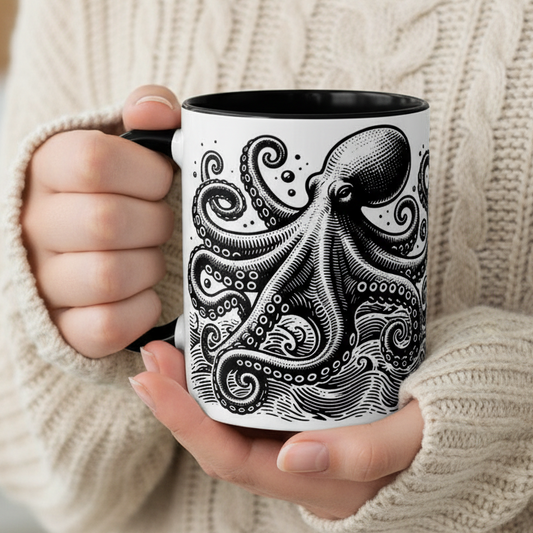 Octopus Linoprint Style CoffeeCeramic Mug
