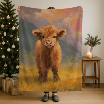 Highland cow plush blanket with cozy sherpa and velveteen for rustic holiday decor