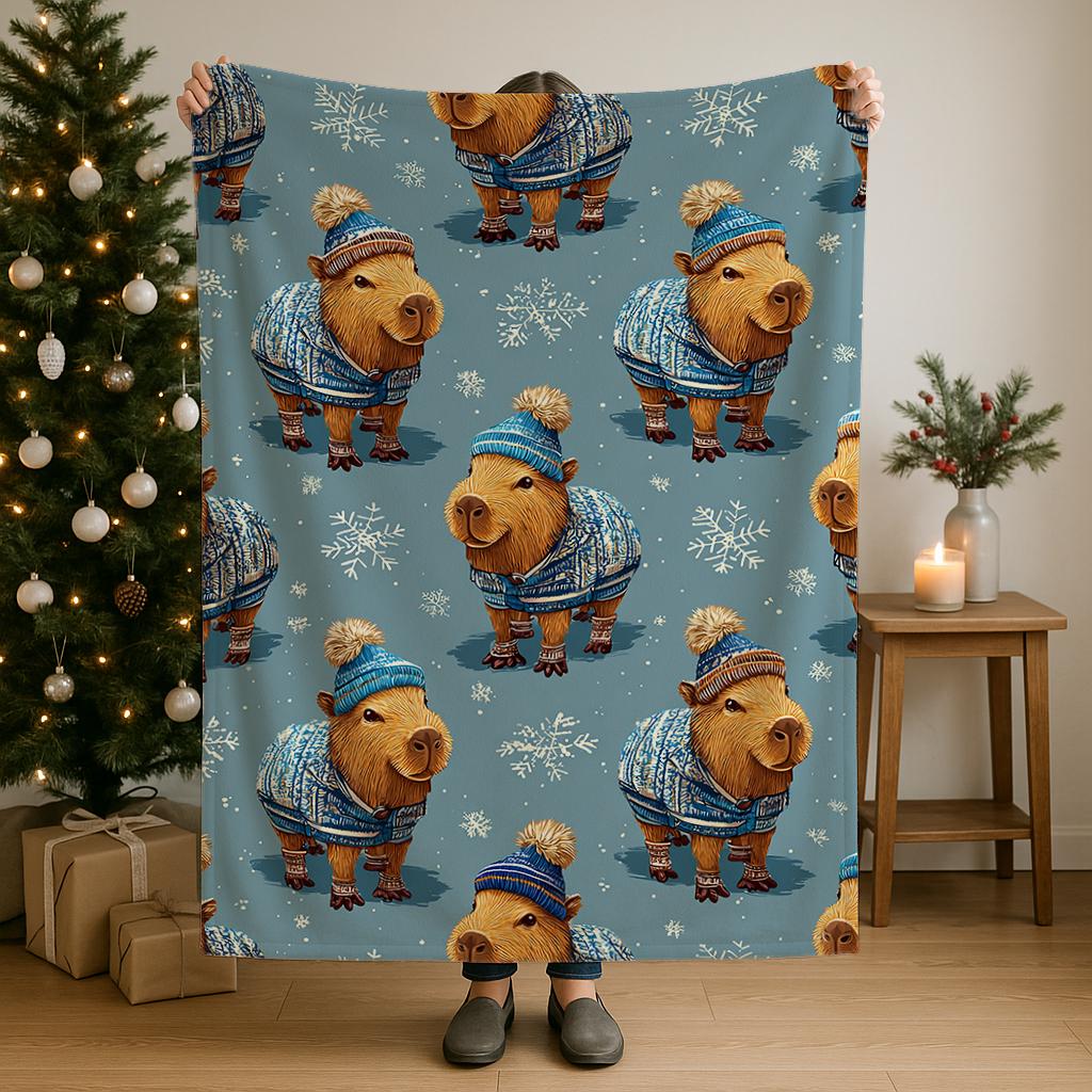 Cute Capybara Sherpa and Velveteen Plush Blanket with playful blue animal design, soft and cozy winter throw for adults