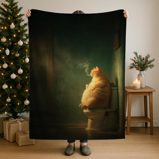 Funny cat smoking blanket featuring chubby cat design, sherpa fleece and velveteen plush, cozy pet lover gift