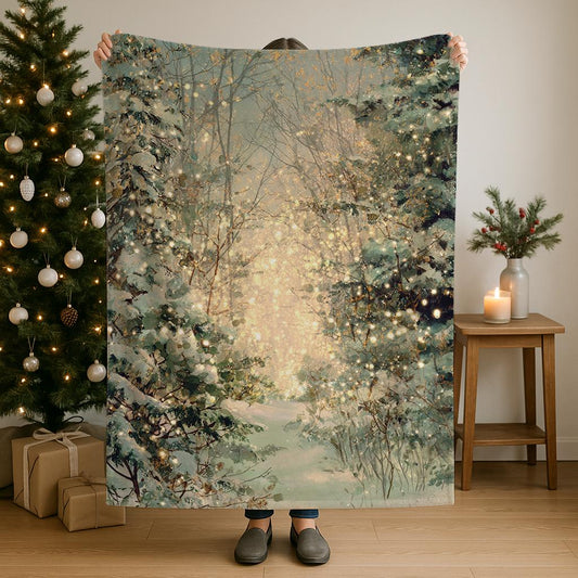 Winter Cabin Sherpa and Velveteen plush blanket with cozy woodland holiday forest folk art design