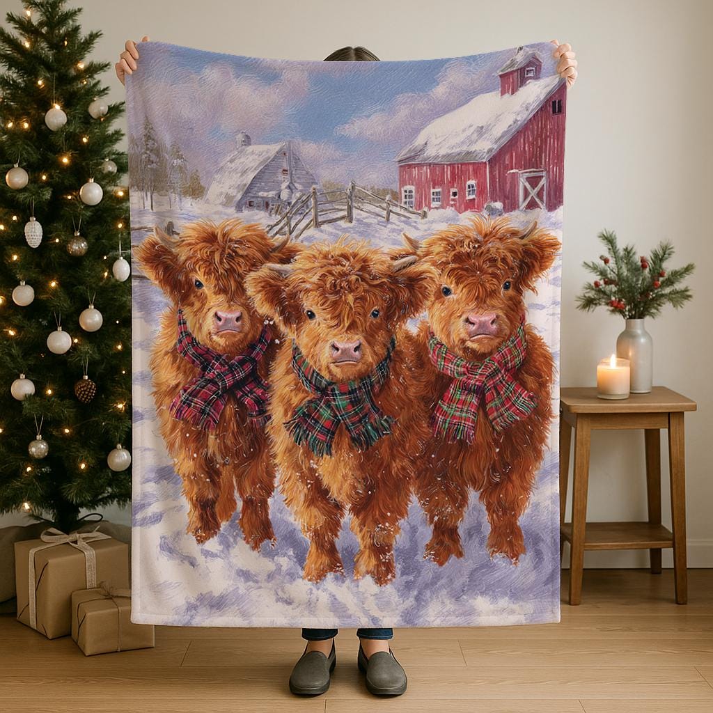 Cozy Highland Cow Plush Blanket with soft sherpa and velveteen fabric for rustic decor and warm gifting
