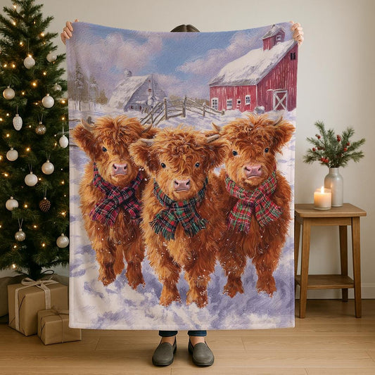 Cozy Highland Cow Plush Blanket with soft sherpa and velveteen fabric for rustic decor and warm gifting