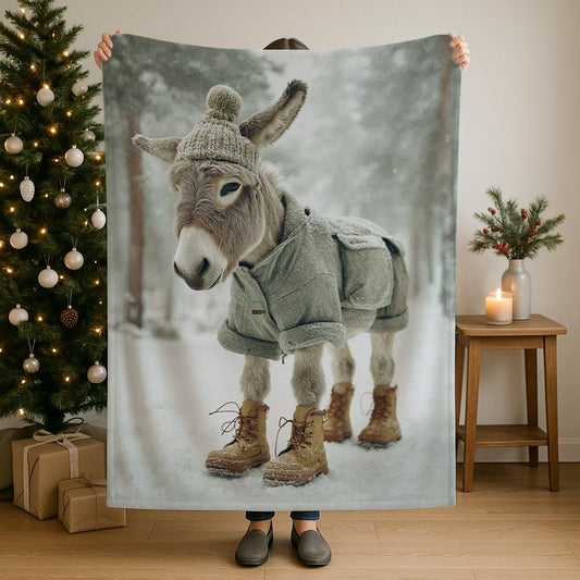 Cozy Funny Donkey with Boots Blanket featuring sherpa and velveteen plush for family winter warmth and décor