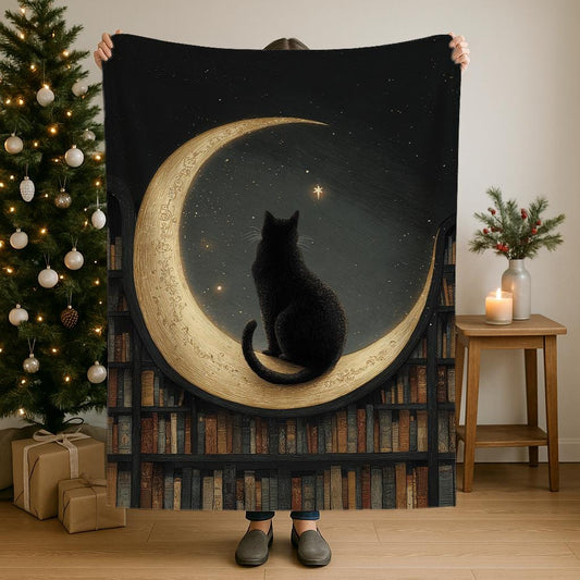 Black Cat Book Lover Blanket featuring a cozy black cat and books design in plush Sherpa and velveteen fabrics for winter warmth and reading comfort