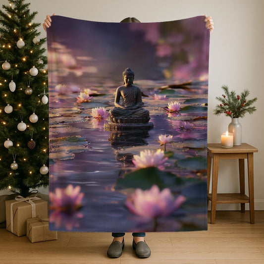 Meditation Lotus Flower Sherpa and Velveteen plush blanket for yoga and zen decor gift