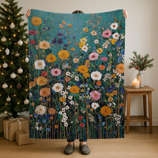 Vibrant Klimt-style inspired forest blanket with abstract wildflower river landscape in maximalist decor style