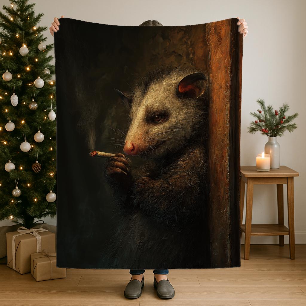 Possum smoking blanket soft velveteen and sherpa throw with dark humor design for winter decor and possum lovers gift