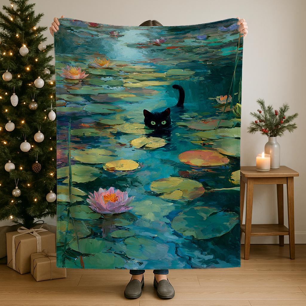 Cozy Sherpa fleece blanket with Monet Waterlily Cat black cat and floral impressionist print