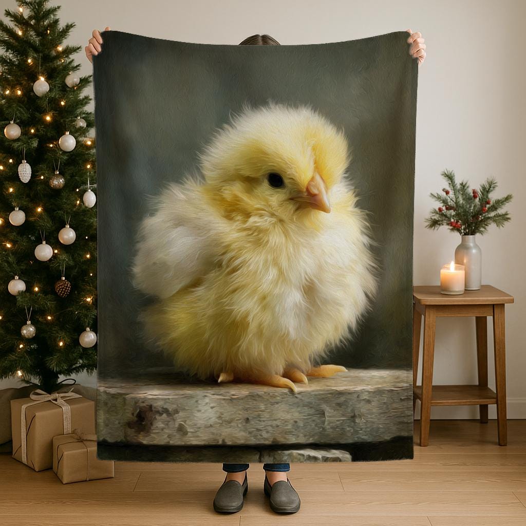 Cute Chick Sherpa plush blanket with playful baby chick design, soft and cozy throw perfect for holiday decor and cuddling