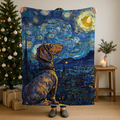 Cozy Dachshund on a Starry Night Blanket with Sherpa and Velveteen plush, perfect dog lover gift