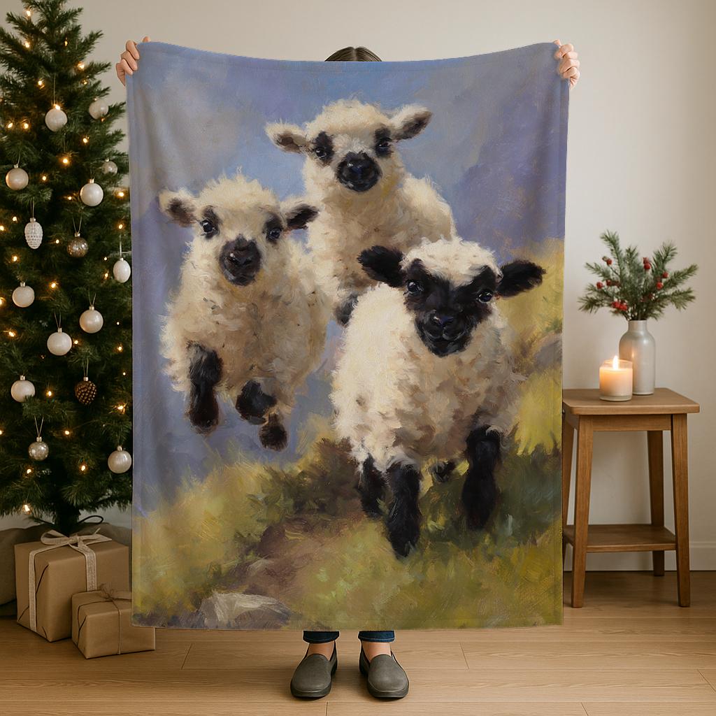 Valais Black Nose Sheep cozy sherpa fleece blanket with farmhouse decor design