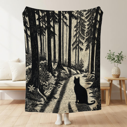 Black Cat Linoprint Blanket with black-and-white cat design, velveteen plush and Sherpa fleece soft throw for cat lovers