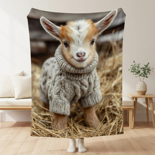 Cozy baby goat blanket with farmhouse decor, available in Sherpa fleece and velveteen plush, perfect gift for animal lovers